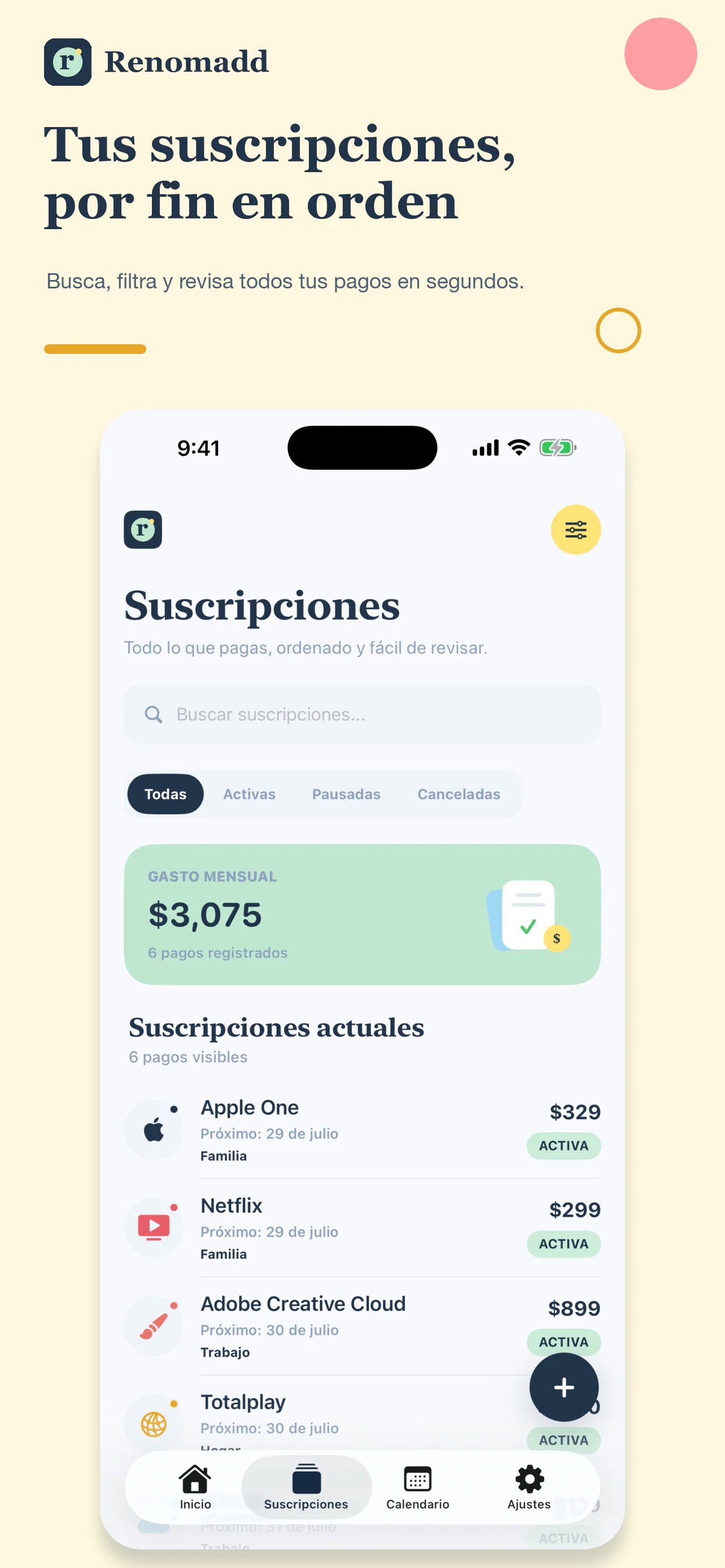 Lista organizada de suscripciones en Renomadd