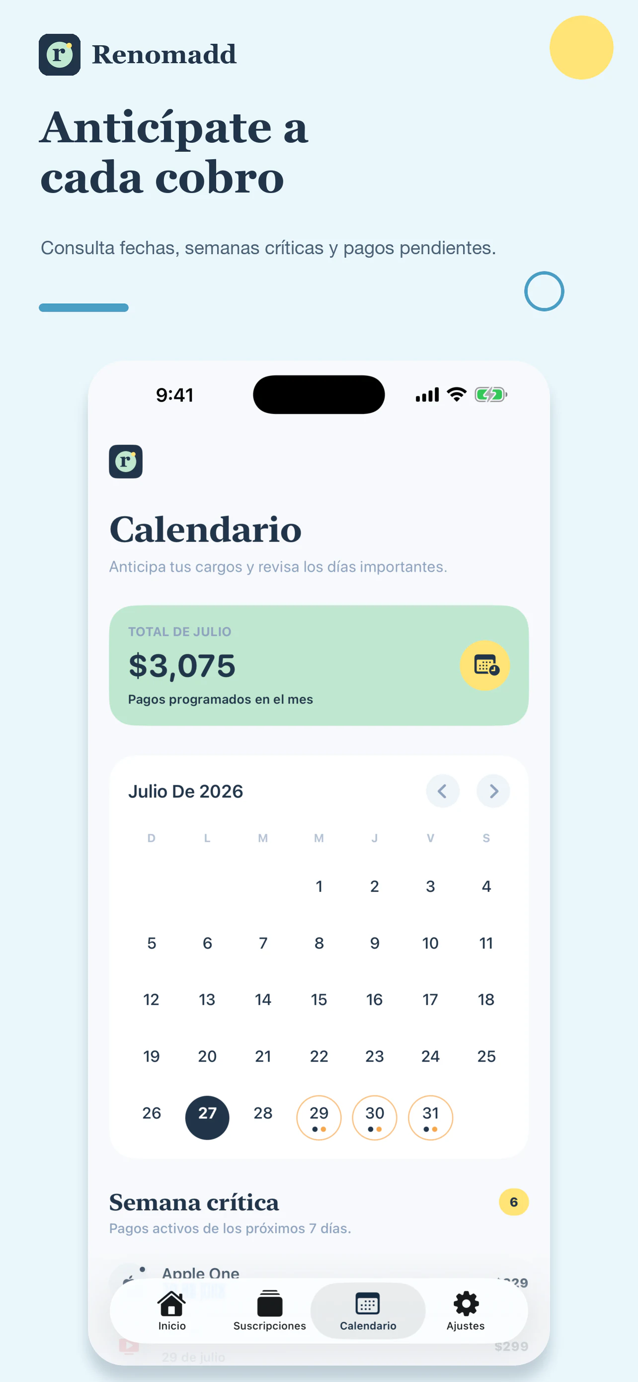 Calendario de pagos y semana crítica en Renomadd