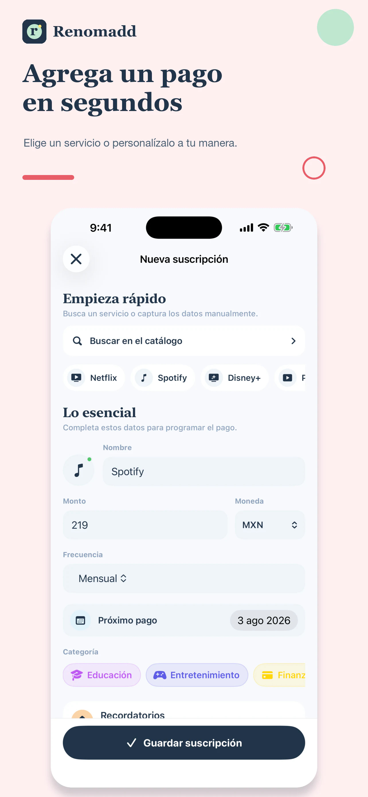 Registro de una nueva suscripción en Renomadd
