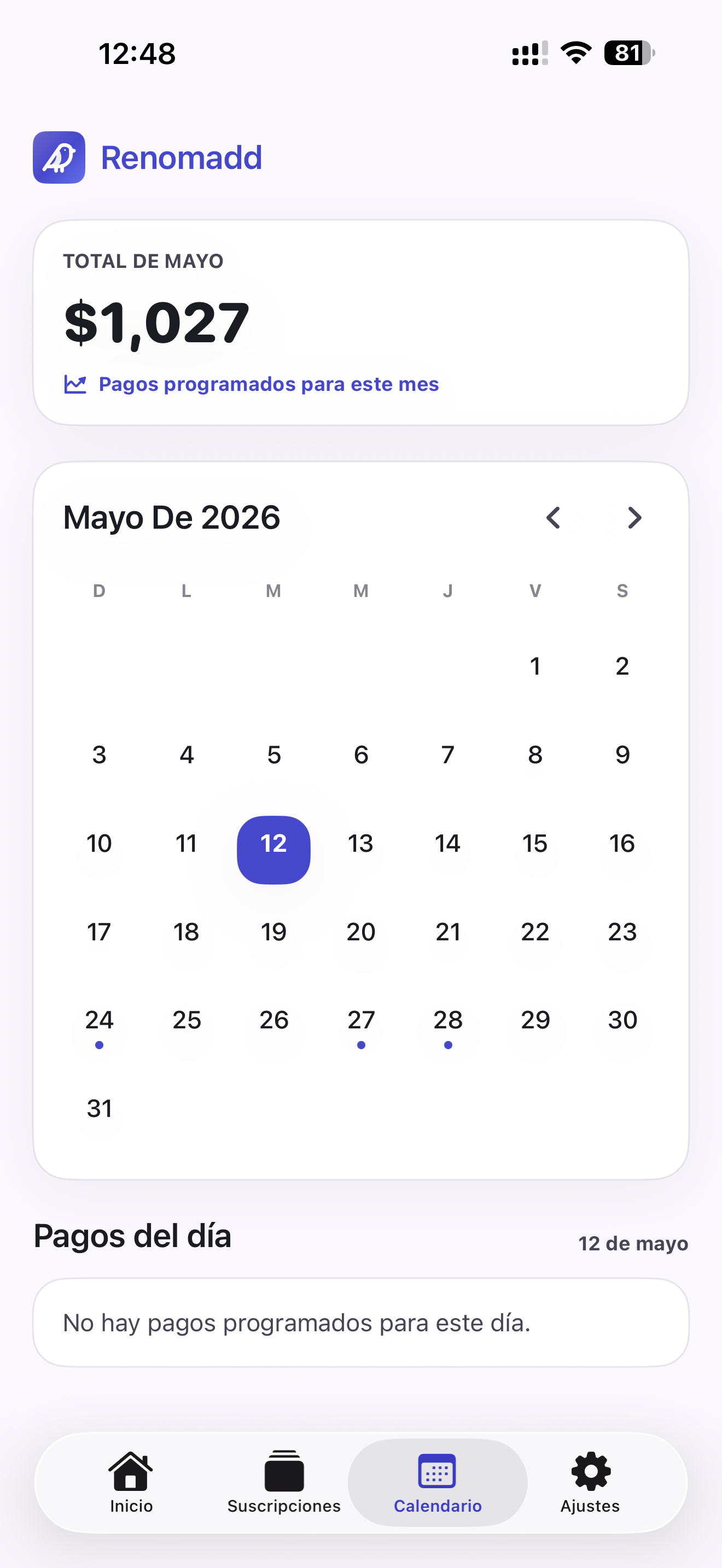 Calendario de pagos de Renomadd