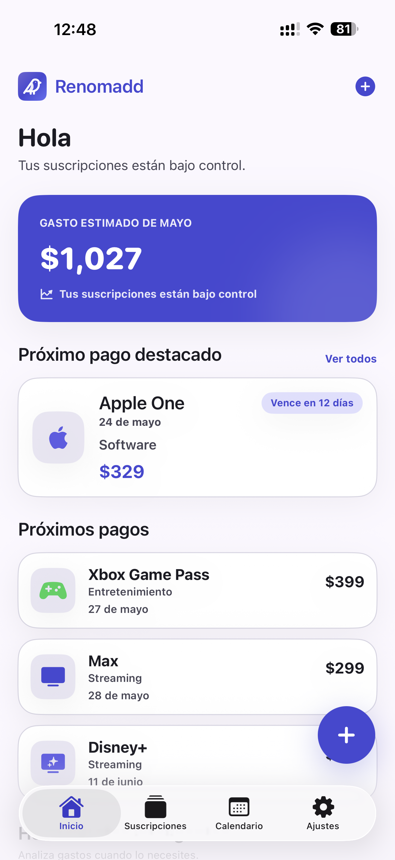 Pantalla principal de Renomadd