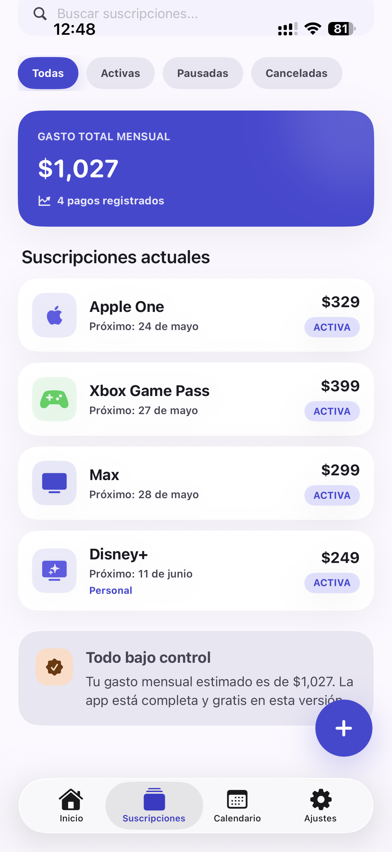 Lista de suscripciones en Renomadd